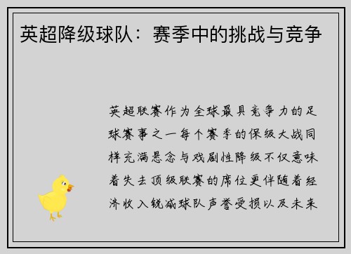 英超降级球队：赛季中的挑战与竞争